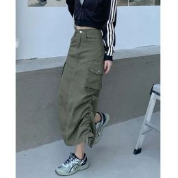 Dresses Demin Straight Skirt Women High Waist Casual Pockets Drawstring Midi Skirts Cargo Summer Long Skirts Y2k Aesthetic Goth Clothing