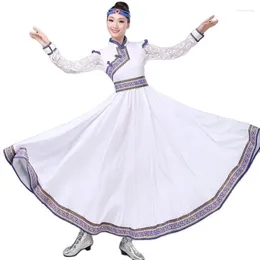 Stage Wear White Princess Gown Long Mongolian Tibetan Style Dress Festival Folk Dance Costumes Women