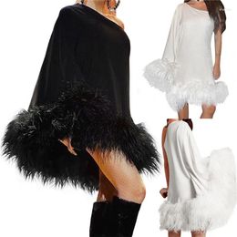 Casual Dresses Women's Asymmetric Slim Gown Solid Feather Hem Patchwork One Shoulder Mini Short Dress For Party White/Black