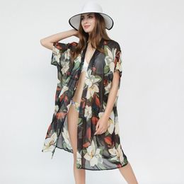 Fashion Folral Printed Cardigan Bikini Cover Up Chiffon Summer Beach Dress Swimwear Women Kaftan Tunic Shawl Swimsuit Sarongs208c