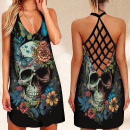 Dress Summer Women's Criss Cross Backless Sleeveless Dress SexyRobe Women's Flowers ButterfliesPrint Clothes