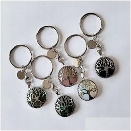 Key Rings Natural Stone Keychains Tree Of Life Key Rings Sier Colour Healing Crystal Car Decor Keyrings Keyholder For Women Men Drop D Dhboa