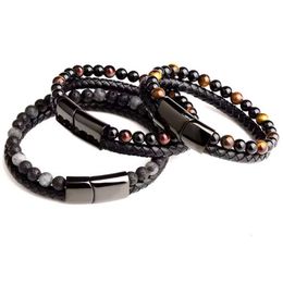 New Product Men's Alloy Leather Rope Natural Double Layered Tiger Eye Volcano Beaded Bracelet