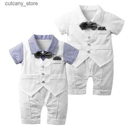 Jumpsuits Summer Clothing Infant Boy Kids Baby Tuxedo Suit Outfits Jumpsuit Short Sleeve Romper Gentleman Bow Tie Clothing 0-24M L240307