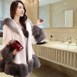 Haining Fur 2023 Autunno/Inverno Cappotto con cappuccio di media lunghezza da donna Coniglio sintetico Maglione addensato alla moda 971553