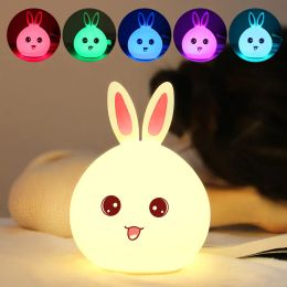 Happy Rabbit Silicone LED Night Light Lamp USB Rechargeable Sensitive Tap Control Bedroom Light with Warm White, Single Color and 7Color LL