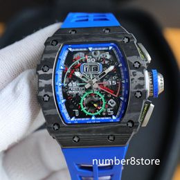 Top RM11-04 Mens Watch NTPT Carbon Fibre ETA7750 Automatic Flyback Chronograph 28800vph Sapphire Crystal Skeletonised Dial Oversize Date Luxury Wristwatch F1