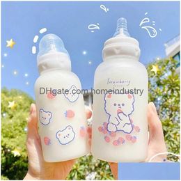 Water Bottles Cute Cartoon Stberry Bear Glass Pacifier Water Bottle St Cup For Adt Children Milk Frosted Baby Feeding Bottles 211020 D Dhdgy