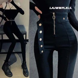 Jeans 2022 Autumn Spring New Black leggings Casual Elastic High Waist stretch feet pants women's Metal Buttons was thin Pencil Pants