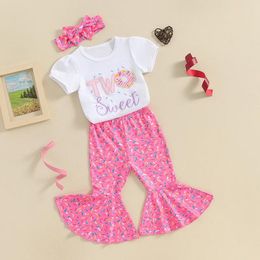 Clothing Sets Toddler Baby Girl Birthday Outfit One Two Sweet Embroidery Short Sleeve T-Shirt Top Flare Pants Set