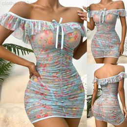 Womens Sleepwear Fun Underwear See Through Sexy Flower Mesh Printed Pleated Pyjama Dress Set Years Lingerie Push UpU6NY