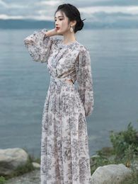 Casual Dresses Cute And Sweet Ink Fragmented Flower Elegant Chiffon Dress Beach Skirt Vacation Open Bellybutton Long For Women