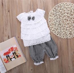 2PCS Kids Baby Girls Outfit Clothes Cute Lace Plaid Sets Sleeveless shirt Tops short Pants 2179164