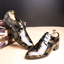 Mens Leather Dress Shoes British Printing Navy Bule Black Brow Oxfords Flat Office Party Wedding Round Toe Fashion GAI usonline