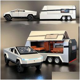 Diecast Model Cars Diecast Model 1/32 Tesla Cybertruck Pickup Trailer Alloy Diecasts Metal Off-Road Vehicles Truck Sound And Light Kid Dhpli