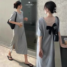 Dresses 86632# Maternity Clothes Summer Cotton Short Sleeves Loose Bow Knot Decoration Dress Pregnant Women Mom Dress