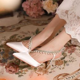 Trendy Heels High-heeled Sandals Womens Ribbon Pearl Rhinestone Slim Heels Versatile Back Empty Single Summer Women Stiletto Sandal 240228