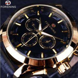 Forsining Business Time Series Black Genuine Leather Strap 3 Dial 6 Hands Men Watches Top Brand Luxury Automatic Watch Clock Men289R