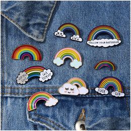 Pins, Brooches Rainbow Clouds Enamel Pin White Brooches Children Bag Clothes Lapel Badge Weather Brooch For Kids Girls Fashion Jewelr Dhcvz