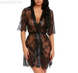 Babydoll Erotic Women Lace Sheer Lingerie Sexy V-Neck Sleepwear Transparent Nightwear Cardigan Home PerspectiveU1A1