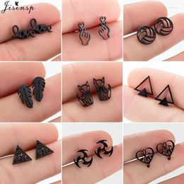Stud Earrings Stainless Steel Geometric Black Punk Round Triangle Leaf Volleyball Cat Ear Studs For Women Men HipHop Jewelry 2024