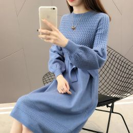 Dresses Leiouna Casual Oneck Large Size Loose Solid Autumn Winter Sweater Dress Female Neck Dress Sweater Bottoming Maternity Dress