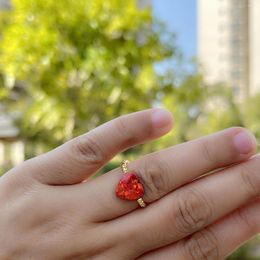 Cluster Rings 1pc Arrived Synthetic Red/Blue 10mm Opal Heart With 2mm Gold Beads Ring For Girl Jewellery Gift