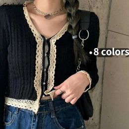 Cardigans Cardigan Women Spring Autumn Solid 8 Colours Simple Allmatch Lace Vneck Fashion Girls Cute Cropped Sweater Ulzzang Slim Elegant