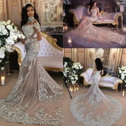 Matrimonio sirena abito scintillante scintillante sexy rossase bling perle in pizzo applique illusione ad alto collo a maniche lunghe abito da sposa con tromba champagne