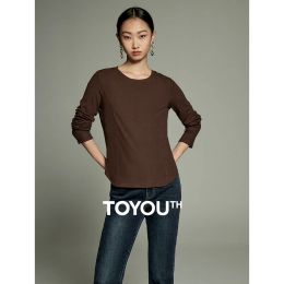 T-shirt Toyouth Women Tees 2023 Winter Long Sleeve Round Neck Slim Fit Tshirt Curved Hem Fashion Casual Warm Versatile Coffee Tops