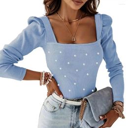 Women's Blouses Spring Women Top Low-cut Square Neck Slim Elastic Thread Beaded Long Sleeve Bubble Commute Blouse