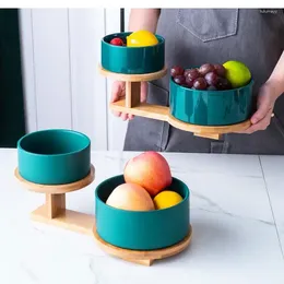 Plates Ceramic Fruit Plate Double Round Dessert Bowl Salad Home Living Room Desktop Storage Box Wooden Rack