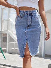 Skirt LiTi Women's High Waist Autumn Midlength Solid Colour Bag Hip Split Denim Halflength Irregular Skirt 2022 Spring New