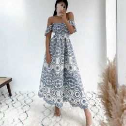 Dress Boho Inspired Eyelet Embroidered Dress for Women Square Neckl Dress Ruffled Straps Smocked Bodice Summer Dress Slit Boho Dress