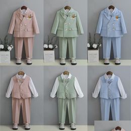 Suits Child Fomal Dress Suit Set British Style Baby Boys Wedding Birthday Party Performance Costume Kids Blazer Pants Bowtie Clothes Dhbvr