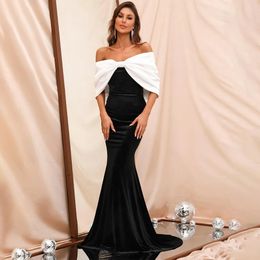 Elegant Mermaid Evening Formal Dress 2024 Women Off Shoulder Bow Contrast Colour Satin Prom Party Gowns With Train Robe De Soiree