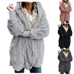 Women's Jackets Womens 2024 Winter Black Long Sleeve Solid Fuzzy Fleece Open Front Hooded Cardigans Jacket Coats Outerwear With Pocket