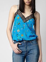 Women's Tanks Women Viscose Camis Spring Summer Lace Stitching Sleeveless V-Neck Sexy Ladies Blue Floral Print Sling Top 2024