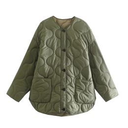 Parkas Army Green Oversize Quilted Jacket Woman 2021 Winter Fall Cotton Padded Coat Loose Casual No Collar Fashion Outwear Stylish Chic