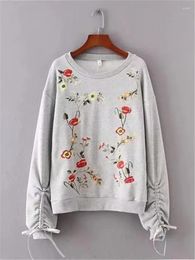 Women's Hoodies Sweatshirt Round Neck Pullover Embroidered Floral Design On The Front Cotton Long Sleeve T-Shirt With Pleated Sleeves