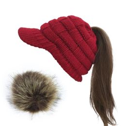 Crochet Baseball Cap Ski hat Women Winter Warm Knit Hat Pom Pom Fur Snow Ski Caps With Visor Beanie Drop248U