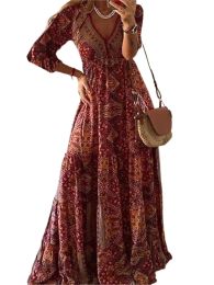 Dress Vintage Printed Dresses For Women Long Sleeve Vneck Loose Maxi Aline Beach Dress Casual Bohemian Style Vestido Feminino 2023