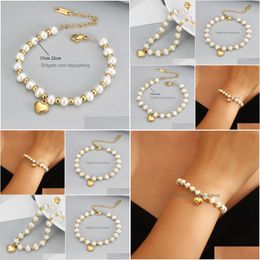 Charm Bracelets Gold Love Heart Charm Pearl Bracelet Stainless Steel Bracelets Beaded Bangle For Women Summer Fashion Jewellery Drop De Dhl7F