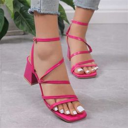 Top Thick Middle Heel Shoes Womens Straight Strap Naked Foot Buckle Roman Style Sandals Summer Sandal Women 240228