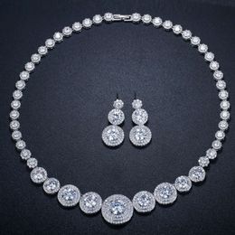 Handmade Copper Inlaid Round Aaa Zircon Necklace and Earrings Set Wedding Jewellery for Women