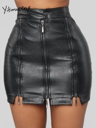 Dresses Zipper Sexy Pu Gothic High Waist Women's Skirt Punk Split Summer 2022 New Empire Street Club Leather Pencil Black Mini Skirts