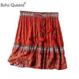Skirt Boho Queens Hippie Women Red Floral Printed Beach Bohemian Skirt Ladies Rayon Cotton Elastic Waist Mini Boho Skirts
