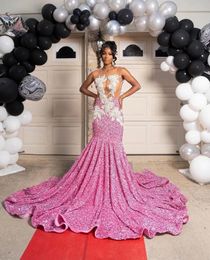 Sexy Pink Sequin Evening Dress Prom Gown Crystal Lace Appliques Pageant Dresses 2024 O Neck Sleeveless Sweep Train vestido de gala