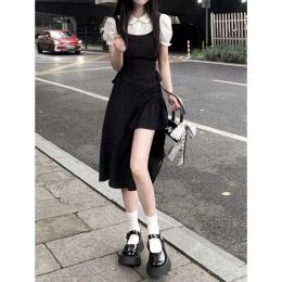 Dress French Vintage Hepburn Style Black Fake Two Piece Dress Women's Summer Mid Length Small Irregular Split Long Dress