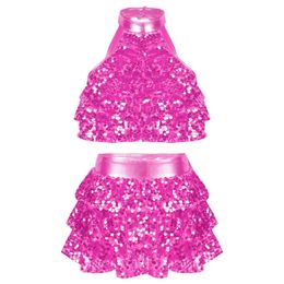 Shiny Girls Ballet Dance Costume Glitter Sequin Crop Top Skirts Ballroom Jazz Dancewear Set Hip Hop Ballroom Performance Clothes 240307